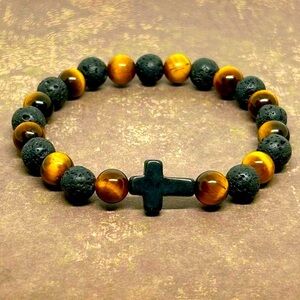 Handmade Men’s Cross Bracelet with Tiger’s Eye and Volcanic Stones!